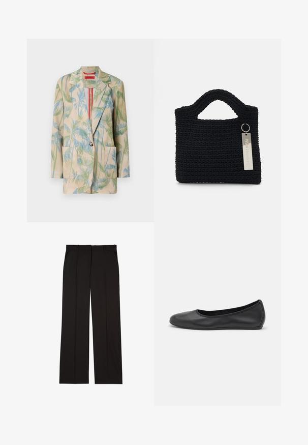 Lett beigefarget blazer med grønne og blå palmebladmønstre, enkeltknapp lukking og to frontlommer. Fôret med en rød detalj.; Hvit langermet skjorte med krage laget av bomull. Den har en knappestolpe foran og en enkelt brystlomme. Glatt tekstur og avslappet passform.; Sorte skreddersydde bukser laget av et glatt stoff, med rett ben-design og to sidelommer. Elegant og minimalistisk konstruksjon.; Svart skinnballettflatt med rund tå, glatt tekstur, minimal sømdetalj, og et fleksibelt såledesign.; Won Hundred MARSIELLE COMPUTER BAG UNISEX - Dataveske - black