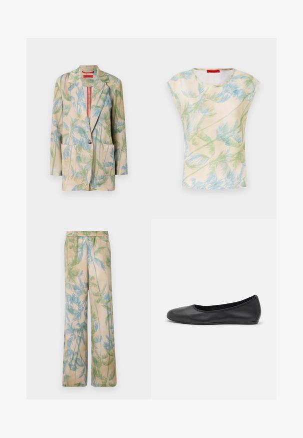 Viegls beidzis gaiši brūns žakets ar zaļām un zilām palmu lapu rakstiem, vienu pogu aizdari un divām priekšējām kabatām. Iekšpuse izšūta ar sarkanu akcentu.; Kratkām piedurknēm tops no viegla auduma ar krēmkrāsas fona, uz kura ir zaļu un zilu palmu lapu raksts. Apaļa kakla izgriezums, brīvs piegriezums.; Brīvi pieguļoši, viegli bikses beige krāsā ar zaļiem un ziliem palmu lapu rakstiem, ar elastīgu jostu un platām kājām.; Melna ādas baleta kurpe ar noapaļotu purngalu, gludu tekstūru, minimālu šuvju detalizāciju un elastīgu zoles dizainu.