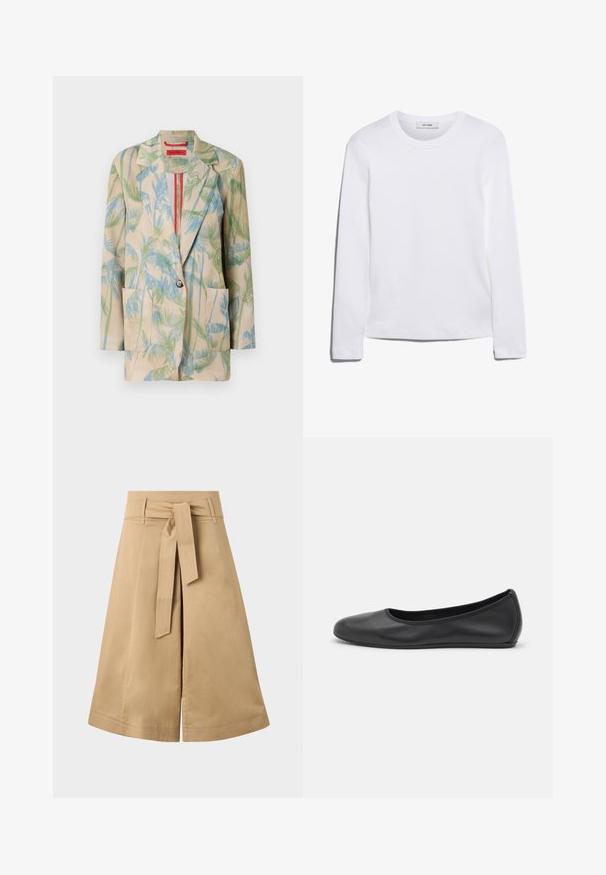 Lightweight beige blazer featuring green and blue palm leaf patterns, single-button closure, and two front pockets. Lined with a red accent.; Long-sleeve white T-shirt made of ribbed cotton, featuring a round neckline and a straight hem. Simple design with no patterns or accents.; Khaki midi wrap skirt with a tie belt, made of lightweight cotton, featuring a flared silhouette and visible stitching details.; Black leather ballet flat with a rounded toe, smooth texture, minimal stitching detail, and a flexible sole design.