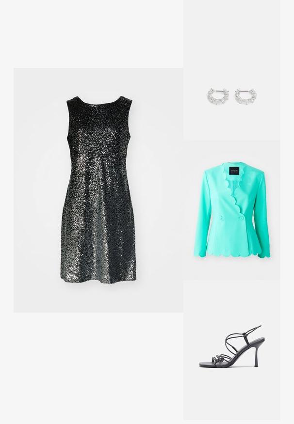 Turkizna blejzer s valovitimi ovratniki, prilagojen kroj, zapiranje na dvojne gumbe, dolgi rokavi in gladka tekstura tkanine.; Črna brezrokavna obleka, prekrita z malimi svetlečimi bleščicami, ki ustvarjajo sijoč učinek. Enostaven okrogli izrez in A-linijska silhueta.; Črne visoke sandale na peto imajo tanke naramnice z vozlom, gladek kvadratni toe in eleganten stiletto peto.; Zlata torbica z zapleteno teksturo iz perlic, trikotno logotipno akcento in kovinsko verižico. Pravokotna oblika, elegantna zasnova.; Srebrni obročasti uhani, ki vsebujejo prozorne, pravokotne in trikotne kristale, razporejene v vzorčnem dizajnu. Imajo nastavke za varno pritrjevanje.