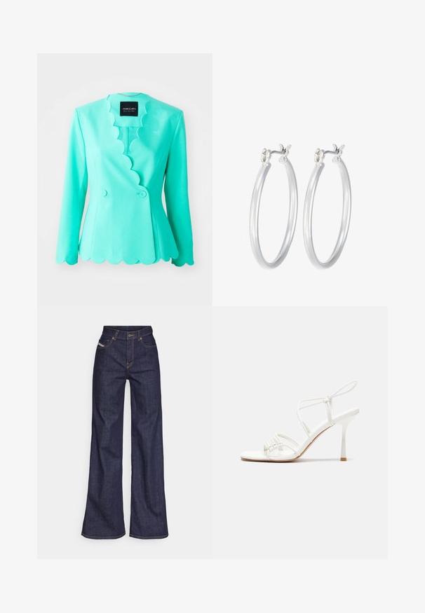 Turgelio švarkas su banguotu apykakle, pritaikytas kirpimas, dvigubo mygtuko uždarymas, ilgomis rankovėmis ir lygiu audinio tekstūru.; Asimetrinė balta marškinė su viena petneša, pagaminta iš lygios medžiagos, turi siaurą siluetą ir švarius kraštus.; Tamsiai mėlynos plačios kojų džinsinės kelnės iš denimo audinio su aukštu liemeniu, su oranžinėmis siūlėmis, penkių kišenių dizainu ir sagčių užsegimu.; Baltas dirželis su aukštu kulnu sandalai su plokščiu pirštu, tekstūruota priekinė dalis su susiraukšlėjimais ir plonas kulkšnies dirželis.; Sidabriniai auskarai su sklandžiu, poliruotu paviršiumi. Apvalios formos ir saugus uždarymo mechanizmas. Lengvas dizainas, tinkantis kasdieniam dėvėjimui.