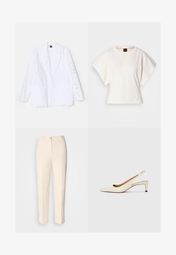 Fehér blézer virágos csipke mintával, egysoros gombolás, hajtott gallér, két elülső zseb és hullámos szegély részlet.; Fehér, rövid, bő ujjú, crop szabású póló, puha pamut anyagból, kerek nyakkivágással, finom narancssárga díszítéssel, minimalista dizájn, minta vagy grafika nélkül.; Krém színű, magas derekú nadrág, textúrált anyagból készült. Elülső gombos záródással és keskeny lábakkal rendelkezik.; Fűzött orrú, elöl nyitott sarkú cipő, off-white bőrből készült, alacsony sarkú, kivágott dizájnnal, sima textúrával és minimalista kiegészítőkkel.