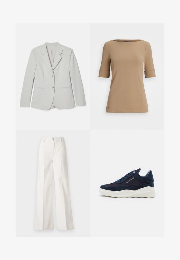 Šviesiai pilkas blazeriukas, pagamintas iš lygaus audinio, su įpjovimais ant apykaklės, dviejų mygtukų uždarymu ir dviem priekinių kišenių subtiliais akcentais.; Bežinė trumpa rankovė viršūnė su apykakle, turinti sušvelnintas rankoves ir lygų paviršių. Mažas logotipo elementas arti krašto.; Balti platūs baltos spalvos keliai, pagaminti iš medvilnės su lygiu paviršiumi. Yra priekinis mygtukas, užtrauktukas ir keturi kišenės.; Tamsiai mėlyni zomšiniai sportbačiai su baltais guminiais padais, apvaliu priekiu ir raištelių uždarymo dizainu. Suteikia logotipo detalę šone ir tekstūrines akcentus.