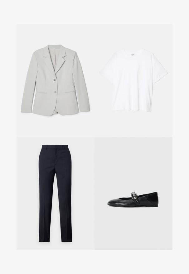 Svetlo sivi blazer, izdelan iz gladkega materiala, s klapavim ovratnikom, zapiranjem na dva gumbka in dvema sprednjima žepoma z diskretnimi detajli.; Bela bombažna majica s kratkimi rokavi, okroglim izrezom, sproščenim krojem in šivanim robom. Oznaka vidna na notranji strani izreza.; Zadnje hlače v mornarično modri barvi s ravnim krojem, ki imajo gladko teksturo, dve sprednji žepki in čisto pasnico.; Črne usnjene baletne balerinke s koničastim nosom, ki imajo trak z okroglo kovinsko zaponko in ravno podplat.