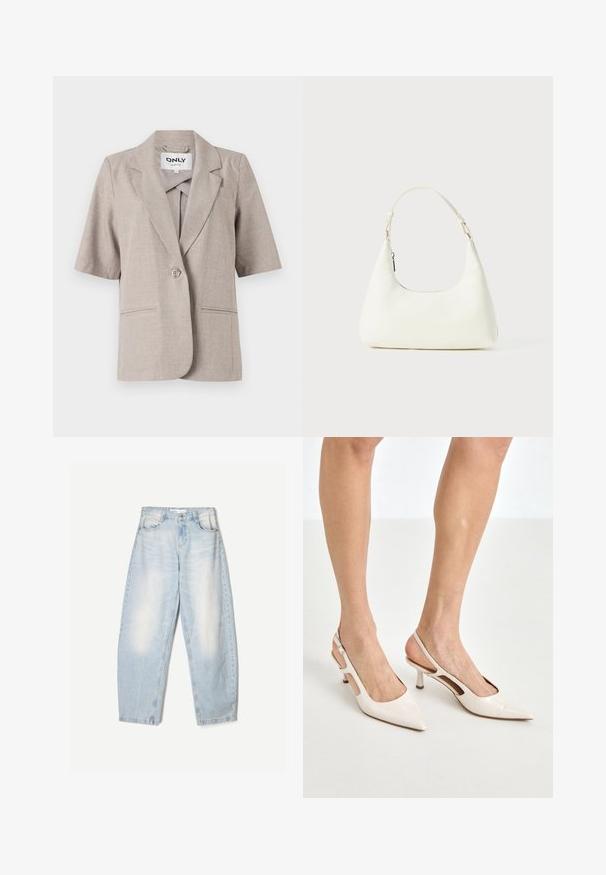 Kortærmet beige blazer lavet af struktureret stof, med en enkelt knaplukning, to forlommer og klaplommer.; Hvid skjorte med knapper, klassisk krave, lange ærmer og en afslappet pasform. Fremstillet af letvægtsstof med en glat tekstur.; Lyseblå denimbukser med en loose fit, der har en falmet finish, to forlommer og en knaplukning i taljen.; Beige patenterede læder slingback hæle med spids tå og 5 cm hæl, med udskårne sider og en tynd ankelrem.; Lille hvid skuldertaske med en enkelt justerbar rem og en lynlåslukning, sat mod en ensfarvet hvid baggrund.