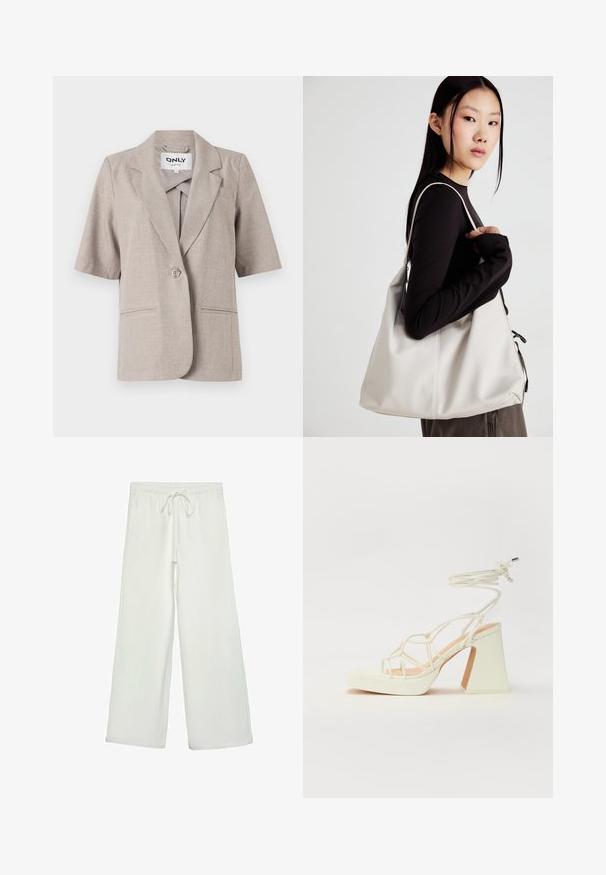 Lyhythihainen beige bleiseri, joka on valmistettu teksturoidusta kankaasta. Siinä on yksi napitus, kaksi etutaskua ja lovetettu kaulus.; Valkoinen pitkähihais t-paita ribbikankaasta, jossa on pyöreä kaula-aukko ja suora helma. Yksinkertainen, yhtenäinen muotoilu.; Valkoiset leveälahkeiset housut pehmeästä kankaasta. Varustettu joustavalla vyötäröllä ja nyörillä sekä sileällä pinnalla. Ei näkyviä kuvioita tai tarvikkeita.; Valkoinen korkokenkä, jossa on paksu korko, ja joka sisältää nauhakiinnityksen ja nilkkaketjun. Sujuva pinta, jossa on platform-etupohja lisäkorkeutta varten.; Beige laukku, joka on valmistettu pehmeästä materiaalista, ja siinä on rento muotoilu, ommeltu yksityiskohtia ja kaksi olkahihnaa. Sopii päivittäiseen käyttöön.