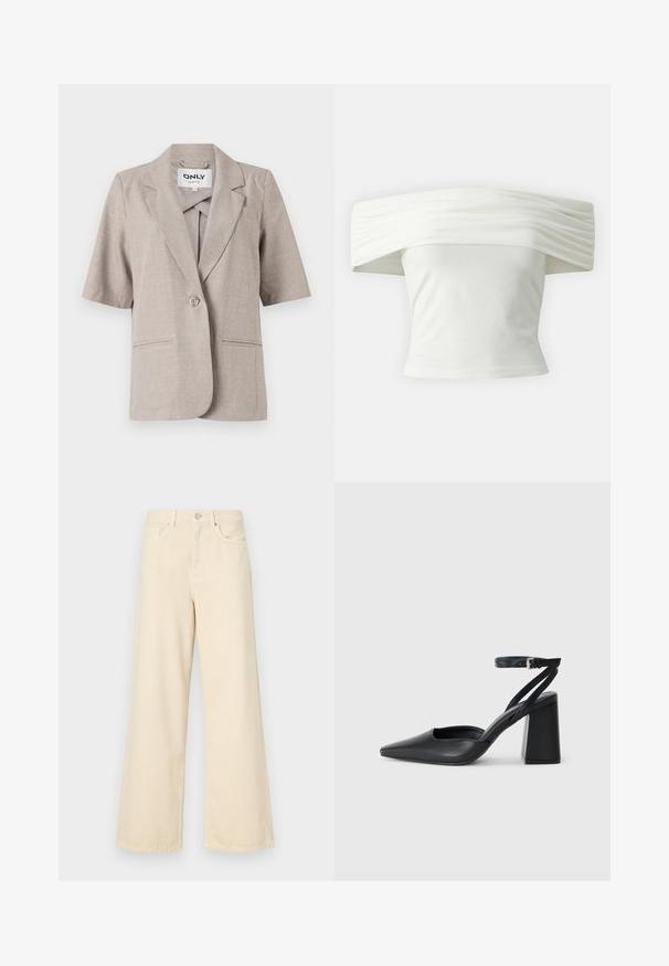 Bež žakét s kratkimi rokavi iz teksturirane tkanine, z enim gumbom za zapiranje, dvema sprednjima žepoma in zareznimi ovratniki.; Bela majica s spuštenimi rameni, z nabranim in strukturiranim izrezom ter tesnim pasom. Narejena iz mehkega blaga z gladko teksturo.; Bež jeans širokega kroja iz bombaža. Imajo gumbno zapiranje, zanke za pas in sprednje žepe ter gladko, mehko teksturo.; Črne usnjene klasične čevlje z ostrim nosom, z zaponko za gleženj in debelim peto. Ravna tekstura, eleganten dizajn in minimalistična estetika.