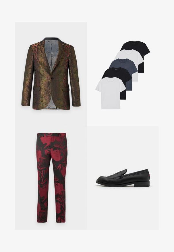 Tekstūrēts bleizers ar daudzkrāsainu čūskas rakstu. Izstrādāts ar vienu pogu un divām priekšējām kabatām. Tumša apkakle.; Piecu T-kreklu komplekts melnā, baltā un tumši zilā krāsā. kokvilnas audums, īsas piedurknes, apļveida kakla dizains un vienkārša faktūra bez rakstiem.; Melnas bikses ar dziļi sarkanu ziedu rakstu, ar gludu tekstūru un pielāgotu piegriezumu. Standarta jostasvieta un taisnās kājas dizains.; Melnas ādas loafers ar gludu apdari, noapaļotu purngalu un mazu dekoratīvu flap. Ietver zemu kraujošu papēdi un smalku zīmola detalizāciju.
