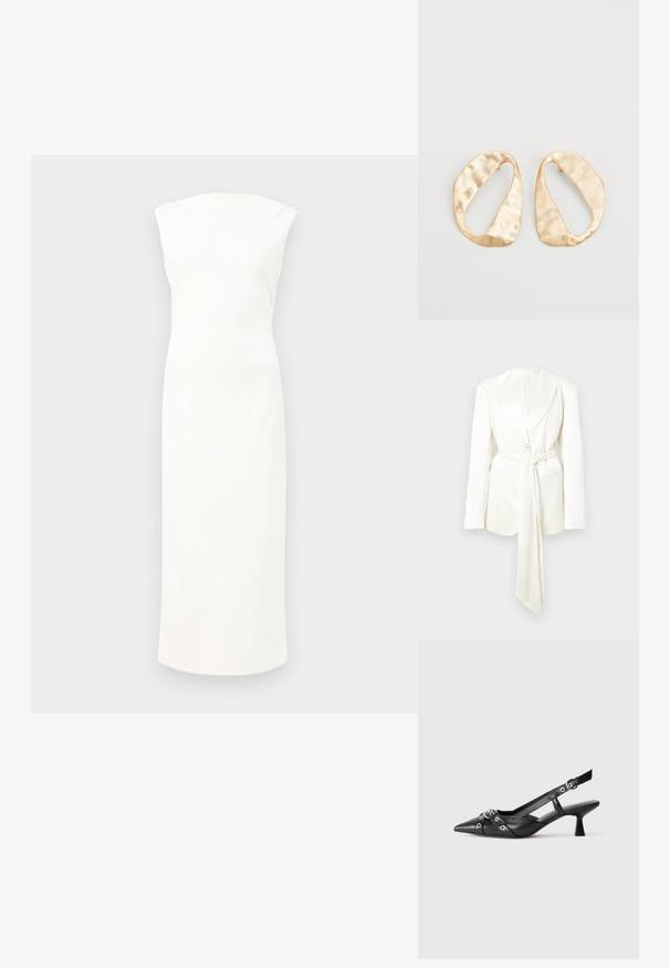 White tailored blazer with a single button closure, long sleeves, and a matching belt detail. Smooth, matte fabric; no visible patterns.; White sleeveless dress with a fitted design, knee-length, smooth fabric, and a subtle, high neckline. Minimalist and unadorned style.; Black leather slingback shoe with a pointed toe, decorative straps featuring metal eyelets, and a low block heel. Textured surface.; Pair of irregular oval-shaped gold-toned metal earrings with a textured, slightly hammered surface on a white background.