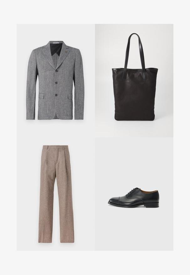 Šedý blazer vyrobený z texturované tkaniny, s dvoupunktovým zapínáním, klopovými límci a bočními kapsami. Černá podšívka.; Bílá dlouhá košile s knoflíky vyrobená z bavlny, která má náprsní kapsu s tónovanou výšivkou, límec a knoflíkové manžety.; Hnědé kalhoty s vysokým pasem vyrobené z texturované látky. Mají široké nohavice a dva přední sklady pro strukturu. Úhledné provedení bez viditelné kovových částí.; Černé kožené společenské boty s hladkým povrchem, zaoblenou špičkou, pěti očky pro tkaničky a nízkým blokovým podpatkem. Minimalistický design s jemným švem.; Černá plátěná taška s černými koženými uchy. Jednoduchý design, prostorné tělo a hladký povrch. Žádné viditelné loga ani vzory.