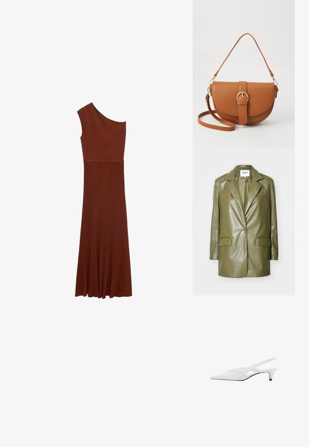 Bledozelené sako z imitácie kože s klopovým golierom, jedným gombíkom na zapínanie, dvoma prednými vreckami a elegantnou, hladkou textúrou.; Asymetrické hnedé šaty s rebrovanou textúrou a jedným ramienkom; priliehavá sukňa sa rozširuje do širokej spodnej časti. Hladká textúra po celom obvode.; Biele slingback podpätky s špicatou špičkou, s hladkým zvrškom, jemnými výrezmi a nízkym blokovým podpätkom. Čierna podrážka zvýrazňuje dizajn.; Hnedá kožená kabelka cez telo s zakriveným tvarom, zlatými kovovými doplnkami a akcentom s prackou. Obsahuje odnímateľný ramenný popruh.