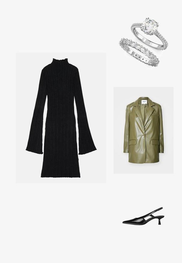 Oliven grøn faux læder blazer med notched revers, enkelt knaplukning, to frontlommer og en slank, glat tekstur.; Sort ribbet kjole med høj hals og flagrende ærmer. Stof har et struktureret, vertikalt mønster. Nederkanten er let bølget.; Sorte patentlæder slingback hæle med spids tå, udskåret sideskærm og en lille firkantet hæl. Glat tekstur med minimale detaljer.; Hvidguld forlovelsesring sæt med en rund centersten og et matchende bånd med flere mindre sten.