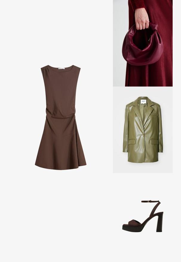 Maslinasto zelena faux kožna blejzerica s urezanim reverom, jednim gumbom, dva prednja džepa i glatkom, finom teksturom.; Bez rukava, smeđa haljina do koljena s okruglim izrezom i blagim naborima sa strane, lepršava suknja na praznoj bijeloj pozadini.; Smeđe zamšaste sandale s visokim potpeticama, otvorenim prstima, podesivom trakicom oko gležnja i prugastom platformom.; Bordo kožni ruksač s mekim, naboranim dizajnom i zaobljenim oblikom. Ručka je sigurno pričvršćena, pokazujući glatku teksturu.