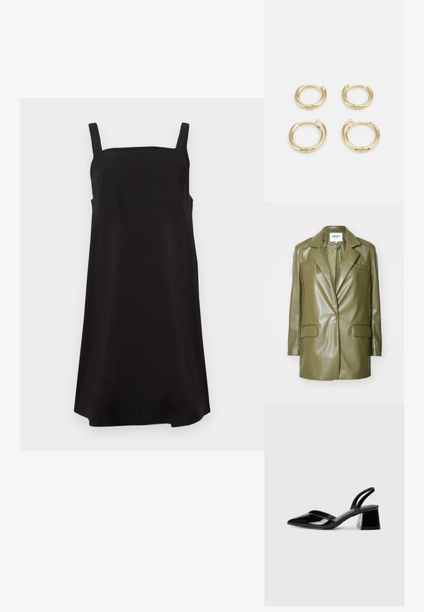 Olivgrüner Kunstleder-Blazer mit Reverskragen, einer einreihigen Knopfleiste, zwei vorderen Taschen und einer eleganten, glatten Oberfläche.; Schwarzes ärmelloses Kleid mit quadratischem Ausschnitt, aus glattem Stoff gefertigt, mit lockerer Passform und geradem Schnitt. Keine sichtbaren Muster oder Beschläge.; Schwarze Lackleder-Slingback-High Heels mit spitzem Schuh und einem geometrischen Blockabsatz. Verfügt über ein schlankes, minimalistisches Design und eine glatte Textur.; Schwarze Lederhandtasche mit geschwungener Form, abnehmbarem Tragegurt und goldenen Beschlägen. Die Tasche verfügt über einen Deckel mit einer Schnallen-Details.; Goldene Creolen, vier Stück, mit glatter Oberfläche, runder Form, in verschiedenen Größen, mit einem klappbaren Verschluss für einfaches Anlegen.