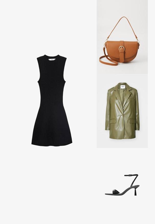 Bledozelené sako z imitácie kože s klopovým golierom, jedným gombíkom na zapínanie, dvoma prednými vreckami a elegantnou, hladkou textúrou.; Čierne bezramienkové pletené šaty s priliehavým korzetom a rozšírenou sukňou. Tkanina vyzerá hladko s jemnou rebrovanou textúrou.; Bershka Sandále na vysokom opätku - black; Hnedá kožená kabelka cez telo s zakriveným tvarom, zlatými kovovými doplnkami a akcentom s prackou. Obsahuje odnímateľný ramenný popruh.