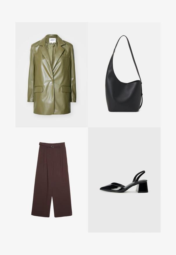 Blaser z imitace olivově zelené kůže s klopou, zapínáním na jeden knoflík, dvěma předními kapsami a elegantní, hladkou texturou.; Tmavě šedý top s krátkým rukávem a lodičkovým výstřihem. Vyrobený z ribovaného materiálu, s volnějším střihem a čistým lemem. Jednoduchý design, bez vzorů.; Stradivarius WIDE-LEG WITH BUCKLE DETAIL - Kalhoty - dark brown; Černé lakované kožené lodičky na pásku s špičatou špičkou a geometrickým blokovým podpatkem. Vyznačují se elegantním, minimalistickým designem a hladkým povrchem.; Černá kožená hobo taška s hladkým povrchem, zakřiveným tvarem a jedním nastavitelným popruhem; má široké otevírání nahoře.