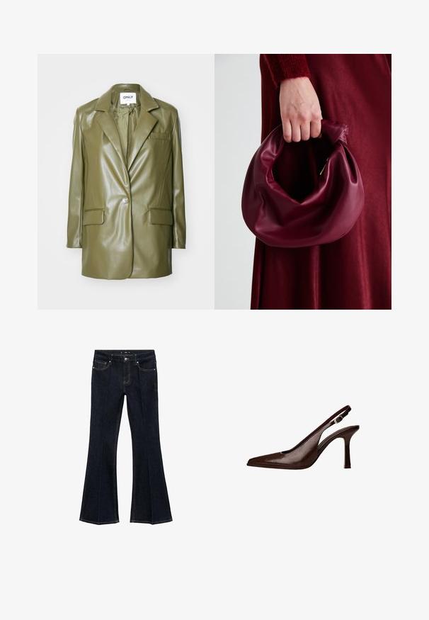 Zielona oliwkowa blezer z ekologicznej skóry z wyciętym kołnierzem, przyciskiem na pojedynczy guzik, dwoma przednimi kieszeniami i gładką, jednolitą fakturą.; Brązowy top na ramiączkach z szerokimi paskami, wykonany z miękkiego materiału. Prosty design, bez wzorów czy ozdób.; Granatowe dżinsy z wysokim stanem, przednimi kieszeniami i szerokimi, rozszerzającymi się nogawkami, wyeksponowane płasko na białym tle.; Brązowe skórzane sandały typu slingback z ostrym noskiem i cienkim obcasem. Posiadają małą klamrę akcentującą na pasku oraz błyszczące wykończenie.; Bordowa skórzana torebka o miękkim, marszczonym wyglądzie i zaokrąglonym kształcie. Uchwyt jest zabezpieczony, co podkreśla gładką fakturę.