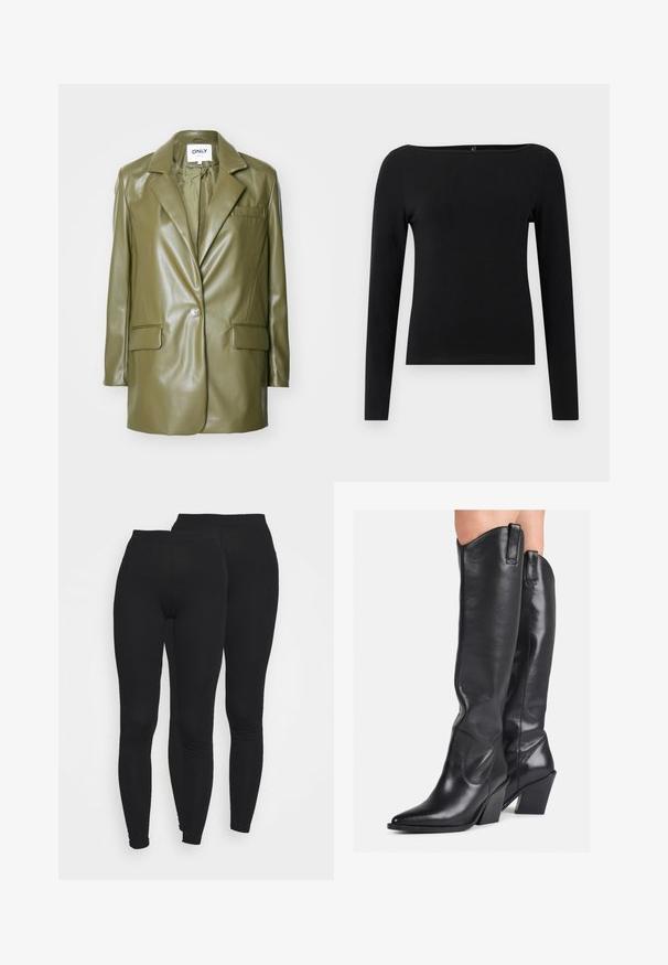 Oliven grøn faux læder blazer med notched revers, enkelt knaplukning, to frontlommer og en slank, glat tekstur.; Sort langærmet bluse med bådudskæring, lavet af glat stof. Simpelt design uden mønstre eller accenter.; Sorte leggings med elastisk talje, lavet af en glat, strækbar stof. Har et tætsiddende design, der smalner ind ved anklerne.; Sorte læder støvler til knæene med spids tå, buet skaft og kraftig hæl. Har en glat tekstur og trækflapper øverst.