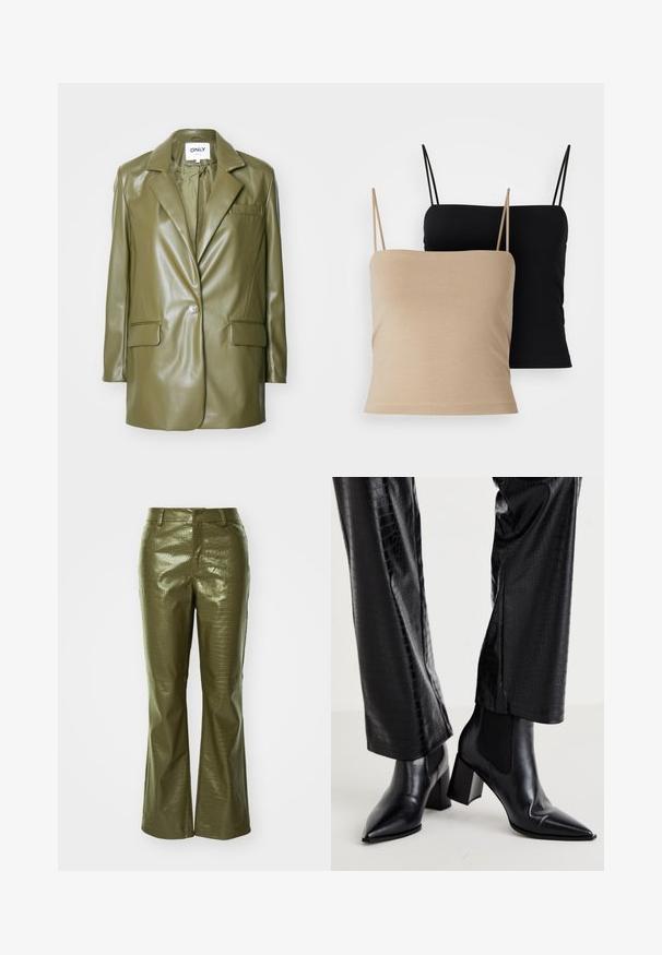Blazer en simili cuir vert olive avec un col à revers, fermeture à un bouton, deux poches avant et une texture lisse et élégante.; Deux camisoles : l'une beige et l'autre noire. Les deux ont des bretelles fines, un design ajusté et une texture douce et lisse.; Pantalons en simili cuir vert olive avec une texture crocodile, présentant une taille cintrée et des jambes évasées. Le matériau a une finition brillante.; RAID NEMMA - Bottines - black metallic
