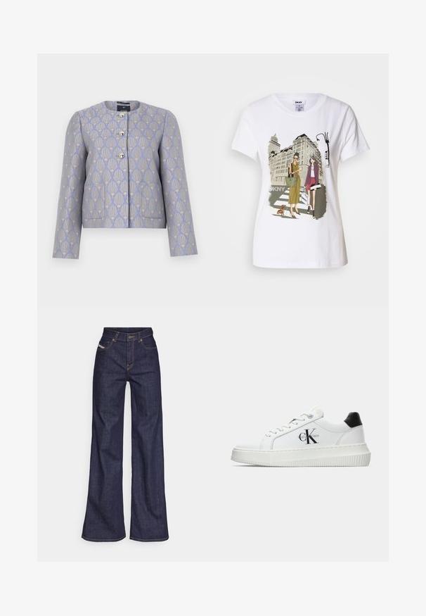 Gekürzte Jacke in hellem Lavendel mit einem goldenen Blumenmuster. Verfügt über einen runden Halsausschnitt, vier metallische Knöpfe und zwei Vordertaschen.; Weißes Baumwoll-T-Shirt mit einem bedruckten Motiv, das zwei Frauen in urbanen Modestilen zeigt, die mit einem Hund auf einem Zebrastreifen stehen, mit Stadtgebäuden im Hintergrund.; Dunkelblaue weite Jeans aus Denimstoff mit hoher Taille, ausgestattet mit orangefarbenen Nähten, fünf Taschen und einem Knopfverschluss.; Weiße Low-Top-Sneaker mit schwarzem Fersenpatch, Plateau-Sohle, Schnürsenkeln und Calvin Klein "CK"-Logo an der Seite.