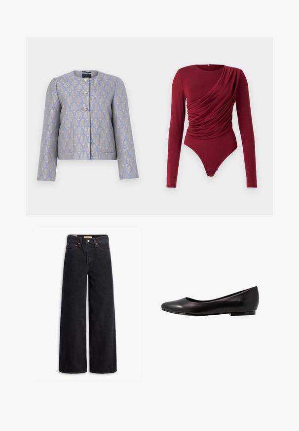 Skrajšana jakna v svetlem lavandulinem odtenku z zlatim cvetličnim vzorcem. Ima okroglo ovratnico, štiri kovinske gumbe in dva sprednja žepa.; Bodysuit z dolgimi rokavi v temno rdeči barvi, s drapirano tkanino, krojem z okroglo odprtino in zaklepanjem s pritisnim gumbom na dnu, izdelan iz mehkega elastičnega materiala.; Črne široke jeans hlače iz denima, ki vsebujejo pet žepov, bakrene zakovice in klasično zapiranje na gumb. Gladka tekstura z čistim dizajnom.; Črne balerinke iz sijoče usnja z zaobljenim prstom in nizkim, ravnim podplatom. Imajo gladko teksturo in preprost ter eleganten dizajn.