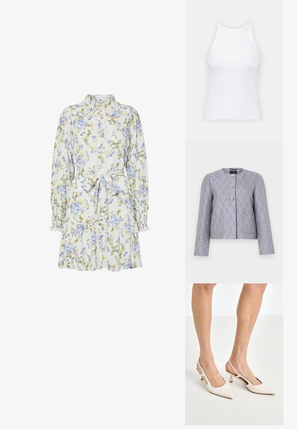 Gekürzte Jacke in hellem Lavendel mit einem goldenen Blumenmuster. Verfügt über einen runden Halsausschnitt, vier metallische Knöpfe und zwei Vordertaschen.; Weißes ärmelloses Tanktop aus geripptem Stoff, mit rundem Ausschnitt und figurbetonter Silhouette, minimalen Nähten und ohne Verzierungen.; Blumenkleid in Weiß mit blauen und grünen Blumen, mit einem Kragen, durchgehender Knopfleiste, langen Ärmeln mit elastischen Bündchen und einem Taillengürtel.; Beige Lackleder Slingback-Absätze mit spitzem Fuß und 5 cm Absatz, mit ausgeschnittenen Seiten und einem schmalen Knöchelriemen.