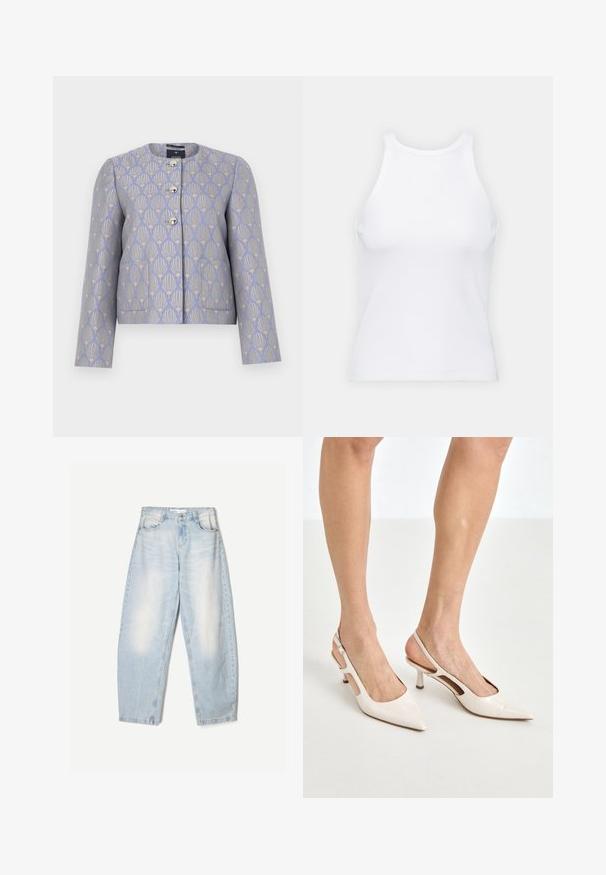 Cropped jacket in light lavender with a gold floral pattern. Features a round neckline, four metallic buttons, and two front pockets.; White sleeveless tank top made of ribbed fabric, featuring a rounded neckline and a fitted silhouette, with minimal seams and no embellishments.; Light blue denim jeans with a loose fit, featuring a faded finish, two front pockets, and a button closure at the waistband.; Beige patent leather slingback heels with a pointed toe and 5 cm heel, featuring cut-out sides and a thin ankle strap.