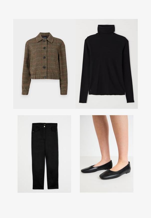 Chaqueta corta de cuadros marrones con cuello, seis botones negros y líneas contrastantes rojas y beige a lo largo de la textura tejida.; Suéter negro de cuello alto fabricado en tela de canalé. Mangas largas, diseño ajustado y un dobladillo ligeramente relajado sin patrones o herrajes visibles.; Pantalones de mezclilla negros con un corte recto, que cuentan con una cintura de altura media, cinco bolsillos y un cierre en la parte delantera con botón. Textura suave, sin patrones visibles.; Bailarinas negras de cuero suave con punta redonda y suela baja y plana, con diseño sin cordones y sin herrajes visibles.