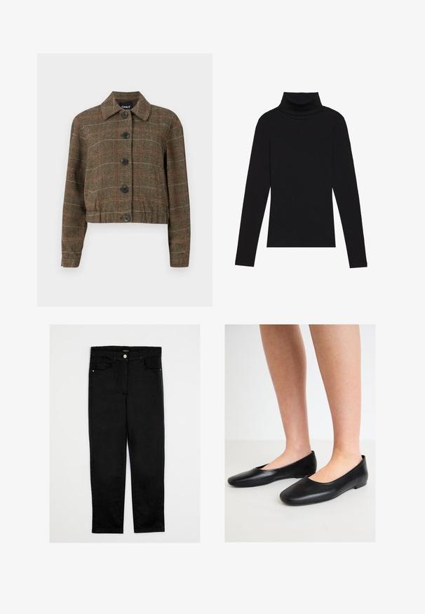 Bruine houndstooth cropped jasje met een kraag, zes zwarte knopen en contrasterende rode en beige lijnen door de geweven structuur.; Zwarte turtleneck met lange mouwen, gemaakt van ribbelstof, heeft een aansluitend ontwerp met een hoge hals en geen patronen of accenten.; Zwarte denim broek met een recht model, voorzien van een middelhoog taille, vijf zakken en een sluiting met een knoop aan de voorkant. Gladde textuur, geen zichtbare patronen.; Zwarte ballerina's van soepel leer met een ronde neus en een lage, platte zool, met een slip-on ontwerp en zonder zichtbare hardware.