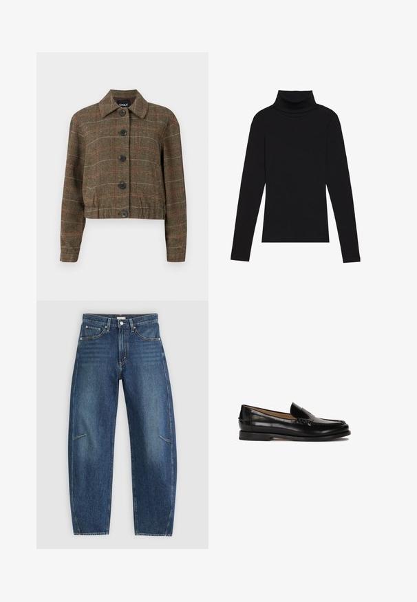 Braune Hahnentritt-Jacke mit Kragen, sechs schwarzen Knöpfen und kontrastierenden roten und beigen Linien in der gewebten Textur.; Schwarzes langärmeliges Turtleneck-Oberteil aus geripptem Stoff, mit einer taillierten Passform, hohem Kragen und ohne Muster oder Akzente.; Dunkelblaue Jeans aus Denim mit geradem Bein, ausgestattet mit Vorderaschen, Kontrastnähten und einer dezenten, ausgewaschenen Textur an den Beinen.; Schwarzer Lederloafer mit runder Zehenpartie, schlupfendem Design und dezenten Nahtdetails entlang des Oberteils. Flache Gummisohle.