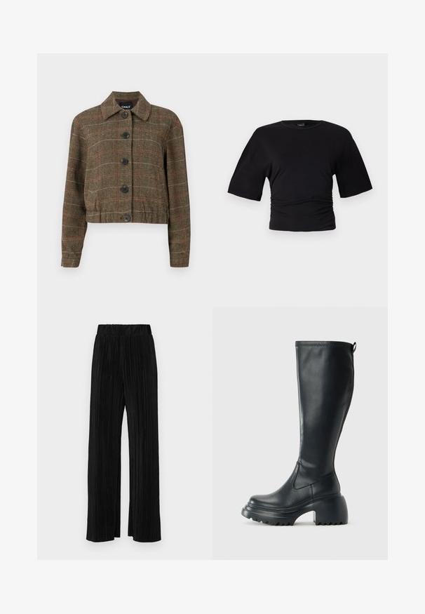 Brown houndstooth cropped jacket with a collar, six black buttons, and contrasting red and beige lines throughout the woven texture.; Gina Tricot SOFT TOUCH RUCHED TEE - Basic T-shirt - black; Black pleated trousers with an elastic waistband. Features wide legs and a smooth, textured fabric with vertical stripes.; Tall black leather boot with chunky platform sole and block heel, featuring pull tab and textured tread on outsole.