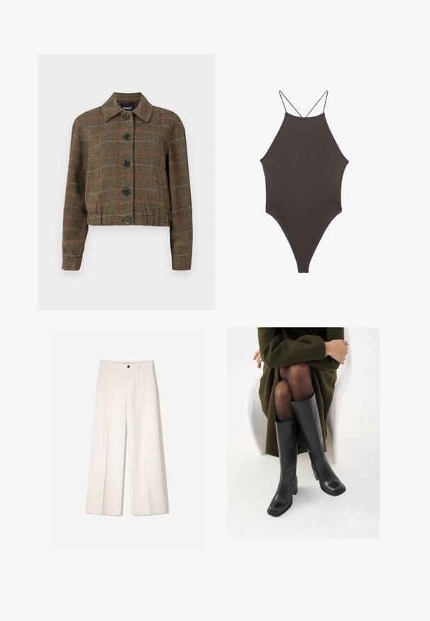 Hnědá kostkovaná zkrácená bunda s límečkem, šesti černými knoflíky a kontrastními červenými a béžovými pruhy po celé tkanině.; Hnědé, jednodílné plavky s vysokým krkem a tenkými, nastavitelnými ramínky; mají vysoký střih nohavic a hladkou texturu. Žádné vzory ani ozdoby.; Krémové široké kalhoty s tailored designem, které mají dvě přední kapsy a jedno zapínání na knoflík vpředu, vyrobené z hladkého materiálu.; Černé kožené boty po kolena s hranatou špičkou a blokovým podpatkem, předvedené na modelce sedící v olivově zeleném kabátu. Hladký povrch, minimalizované detaily.