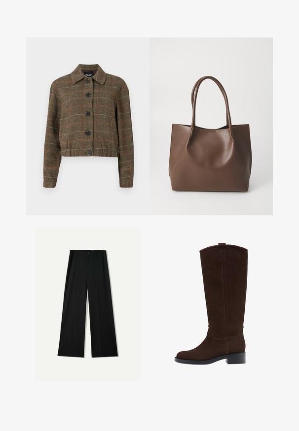 Brun houndstooth kort jakke med krave, seks sorte knapper og kontrasterende røde og beige striber i det vævede mønster.; Brun kortærmet t-shirt lavet af blødt stof, med rund halsudskæring og afslappet pasform. Ingen synlige mønstre eller detaljer.; Bershka WIDE - Bukser - black; Brune ruskind over knæ støvler med en rund tå, diskrete syninger og en lav blokhæl; har en pull tab øverst for nem på- og aftagning.; Brun læder tote taske med to lange håndtag, struktureret form, glat tekstur og minimalistisk design. Ingen synligt hardware eller accenter.