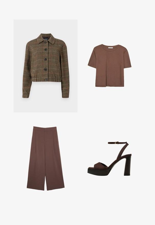 Brun houndstooth kort jakke med krave, seks sorte knapper og kontrasterende røde og beige striber i det vævede mønster.; Brun kortærmet t-shirt lavet af blødt stof, med rund halsudskæring og afslappet pasform. Ingen synlige mønstre eller detaljer.; Brune bredbunde bukser med en glat tekstur, der har høj talje og plisseringer foran. Stoffet er let og falder løst.; Brune ruskinds højhælede sandal med åben tå, justerbar ankelrem og en stribet plade sål.