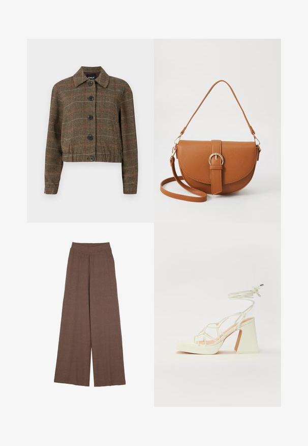 Giacca cropped a scacchi marrone con colletto, sei bottoni neri e linee a contrasto rosse e beige nel tessuto intrecciato.; T-shirt bianco a maniche corte realizzato in cotone. Presenta un collo tondo e una vestibilità rilassata. Texture liscia senza motivi o dettagli visibili.; Pantaloni a gamba larga realizzati in un tessuto a coste, morbido e caldo, di colore marrone. Presentano un elastico in vita senza cuciture e una silhouette fluida.; Sandalo bianco con tacco alto, caratterizzato da un design a cinturini e un legaccio alla caviglia. Texture liscia con una piattaforma frontale per un'altezza aggiuntiva.; Borsa a tracolla in pelle marrone con forma curvata, hardware dorato e un dettaglio con fibbia. Presenta una tracolla rimovibile.
