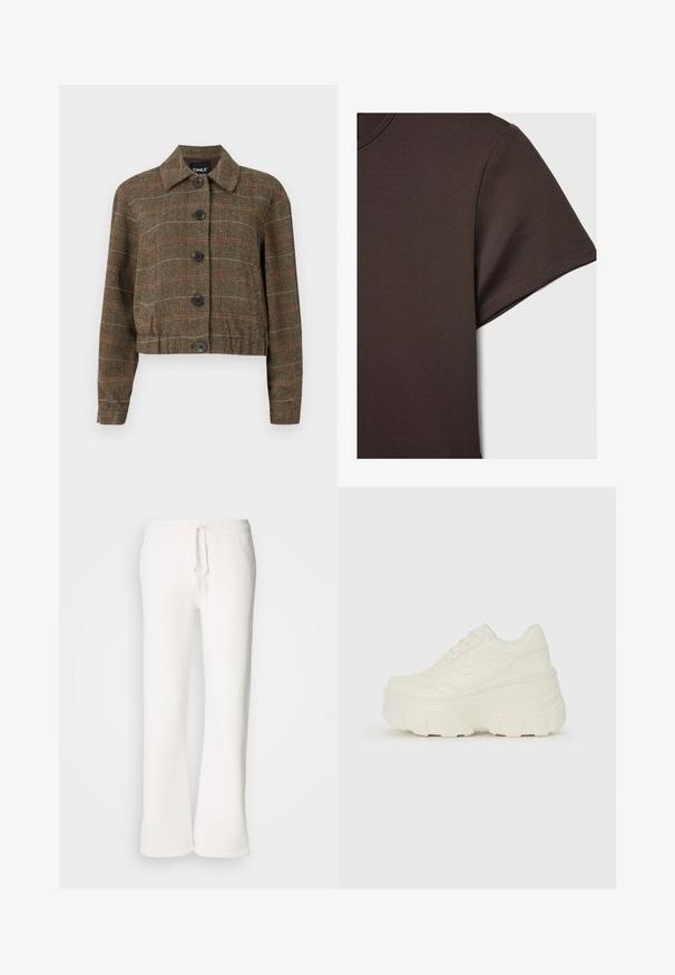 Braune Hahnentritt-Jacke mit Kragen, sechs schwarzen Knöpfen und kontrastierenden roten und beigen Linien in der gewebten Textur.; Dunkelbraunes Kurzarm-T-Shirt aus glattem, dehnbarem Material, mit klassischem Rundhalsausschnitt und sauberen Nähdetails.; Weiße, locker sitzende Schlafanzughosen aus weichem Material, mit einem elastischen Bund und Kordelzug sowie geradem Bein.; Weiße Platform Sneakers mit einem glatten, lederähnlichen Obermaterial, abgerundeter Form, gepolstertem Kragen und strukturierten Gummisohlen mit ausgeprägten Stollen.