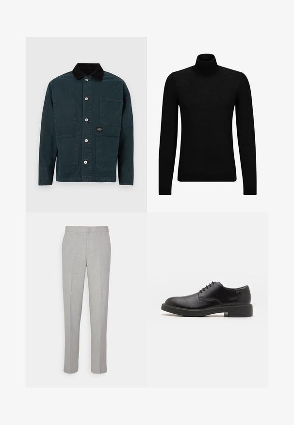Dark green jacket with a corduroy collar, two front pockets, and five metal buttons for closure. Simple design with clean lines.; Black turtleneck sweater made of soft material, featuring long sleeves and a snug fit. Ribbed trim at the hem and cuffs. Simple design.; Light gray trousers with a smooth texture, flat front, and straight legs. Made of breathable fabric, featuring internal pockets and belt loops.; Black leather lace-up shoe with a rounded toe, smooth texture, minimal stitching, and a low rubber heel. Logo on the heel.