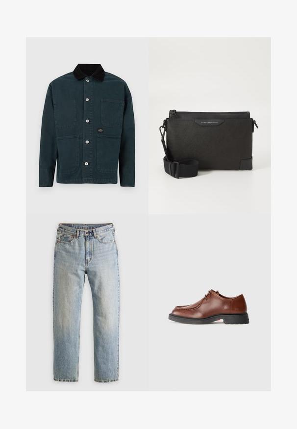 Chaqueta verde oscura con cuello de pana, dos bolsillos frontales y cinco botones de metal para el cierre. Diseño simple con líneas limpias.; Camisa de manga larga burdeos de algodón, con cuello de botones, cierre frontal de botones y un pequeño logo en el pecho.; Jeans de mezclilla azul claro de cintura alta, con botón frontal, cremallera y diseño de cinco bolsillos, dispuestos sobre un fondo neutro.; Zapato de vestir de cuero marrón con puntera redondeada, costuras en contraste, diseño de cordones y suela texturada de goma negra.; Bolso bandolera de piel negra con acabado texturizado, que cuenta con cierre de cremallera y correa ajustable. Parche con el logotipo en la parte delantera. Forma rectangular.