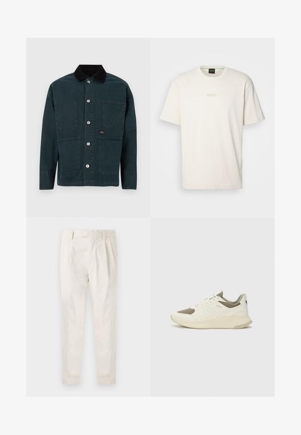 Casaco verde-escuro com colarinho de veludo cotelê, dois bolsos frontais e cinco botões de metal para fecho. Design simples com linhas limpas.; BOSS TEE - T-shirt básica - open white; Calças brancas pregueadas com um corte ajustado, apresentando uma textura suave, passantes de cinto e pernas afuniladas. Sem bolsos visíveis ou padrões.; Sapatilha atlética branca e bege claro, com parte superior em malha, detalhes perfurados e uma entressola texturizada com marcação no calcanhar.
