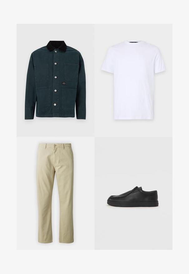 Tumši zaļa jaka ar kordūras apkakli, divām priekšējām kabatām un piecām metāla pogām aizdarei. Vienkāršs dizains ar tīrām līnijām.; Balts kokvilnas T-kreklis ar īsām piedurknēm, apaļu kakla izgriezumu, ar smalku reljefu logotipu kreisajā krūtī, gluda tekstūra.; Beidzīgo kokvilnas bikses ar taisnu kāju piegriezumu, priekšējo pogu aizdari un jostas cilpām. Gluda tekstūra, nav redzamu rakstu vai akcentu.; Melnas ādas slip-on kurpes ar noapaļotu purngalu, šūšanas detaļām un melnu gumijas zoli. Gluda tekstūra ar minimālistisku dizainu.