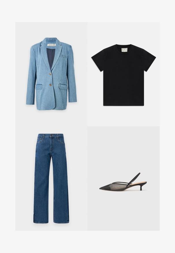 Denim blejzr v světle modré barvě s jedním knoflíkem, s výstřihy ve tvaru klop, dvěma předními kapsami a hladkou vnitřní podšívkou.; Černé tričko s krátkým rukávem a kulatým výstřihem s bílou cedulkou uvnitř límce s nápisem "D.R.C. EST. 2002" na bílém pozadí.; Modré džíny s vysokým pasem a širokými nohavicemi, s předními a zadními kapsami, s uzávěrem na knoflík a viditelným švem na bílém pozadí.; NEOUS IRENA - Klasické lodičky - black