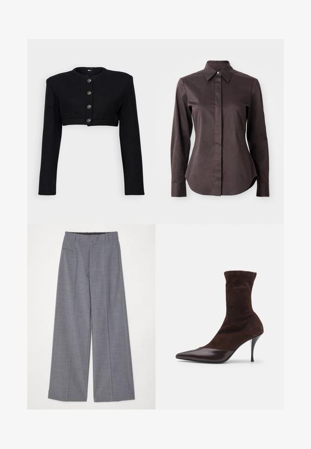 Black cropped jacket with long sleeves, round neck, and textured fabric. Features five decorative silver buttons down the front.; Dark brown long-sleeve button-up shirt with pointed collar and concealed placket on a white background.; MM6 Maison Margiela PANTS - Trousers - grey melange; Brown suede ankle boot with pointed toe and glossy burgundy patent leather toe cap, featuring a slim stiletto heel and textured upper.