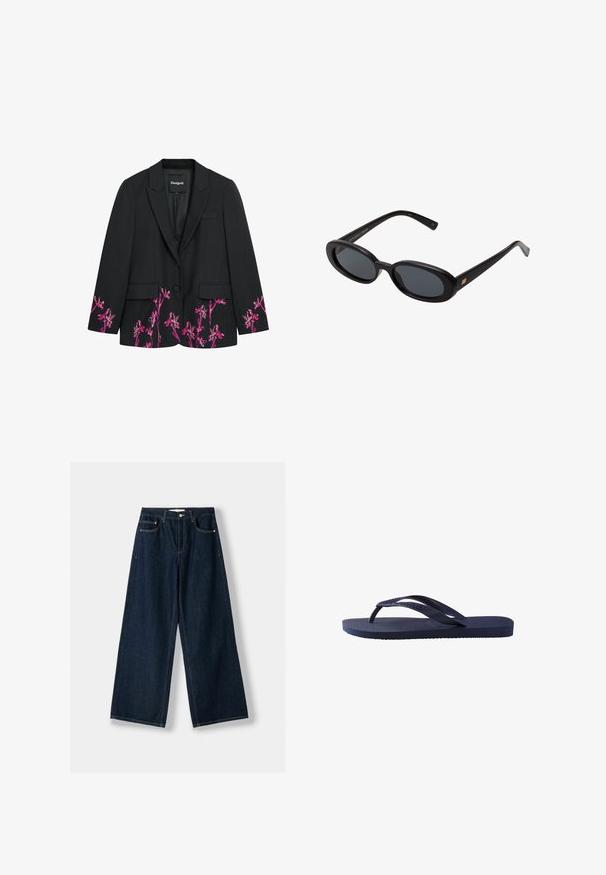 Black blazer with floral pink embroidery on the lower front and sleeves, two front pockets, single button closure, and notch lapels.; White cotton t-shirt with short sleeves, a round neck, and a smooth texture. The back is plain with no additional patterns or designs.; Dark blue, wide-leg jeans made of denim. Features five pockets, a button and zipper closure, and contrast stitching details.; Navy blue flip-flop featuring textured rubber straps and sole, with a wavy pattern on the straps and a flat, ridged footbed.; Black oversized sunglasses with oval lenses, smooth plastic frame, and gold accents on temple. Dark lenses provide sun protection.