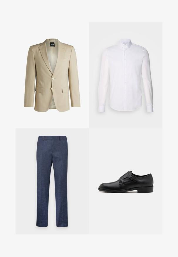 Beige tailored blazer with notch lapels, two front pockets, single-button closure, and a patterned interior lining. Soft-textured fabric.; White long-sleeve button-up shirt made from cotton, featuring a classic collar, front buttons, and minimal stitching detail.; Navy blue trousers made from a textured fabric, featuring straight legs, a flat front, and two side pockets. No visible patterns or accents.; Black leather dress shoe with dual buckles, sleek silhouette, and round toe. Features a low heel and smooth texture.