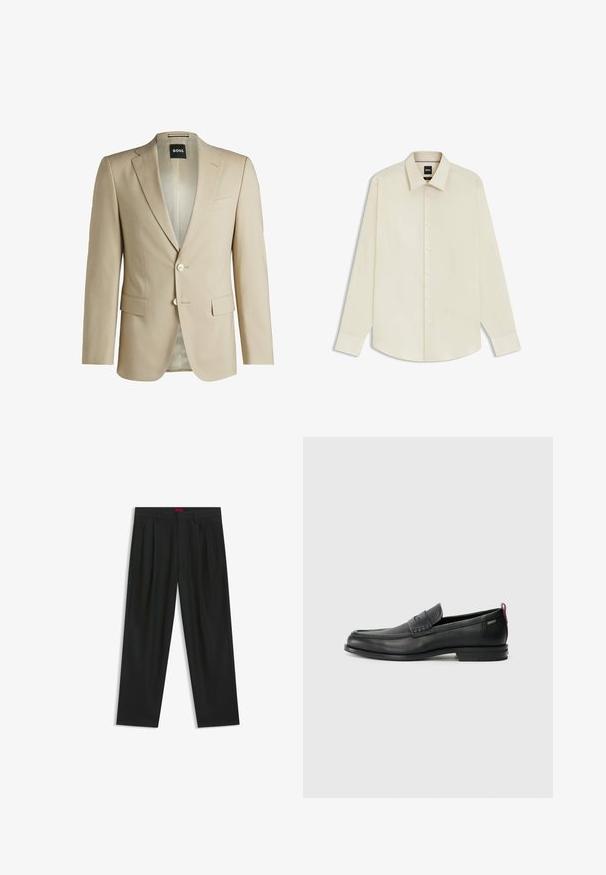 Beige tailored blazer with notch lapels, two front pockets, single-button closure, and a patterned interior lining. Soft-textured fabric.; BOSS JOE KENT - Formal shirt - open white eleven; Black trousers with a pleated design, wide leg shape, and a smooth texture. Features a red waistband tag.; Black leather loafers with a textured front panel and smooth sides. Features a slim heel and rear loop for easy wear. Classic design.