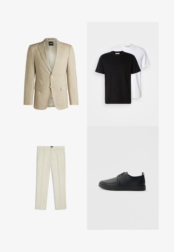 Beige tailored blazer with notch lapels, two front pockets, single-button closure, and a patterned interior lining. Soft-textured fabric.; Two plain cotton T-shirts, one black placed in front of a white one, both with short sleeves and round necklines.; Beige trousers made of cotton with a straight fit, zip fly, and front pockets. Smooth texture and no visible patterns or embellishments.; Black leather sneaker with a smooth finish, rounded toe, tonal stitching, lace-up front, and a flat rubber sole. Loop at the heel.