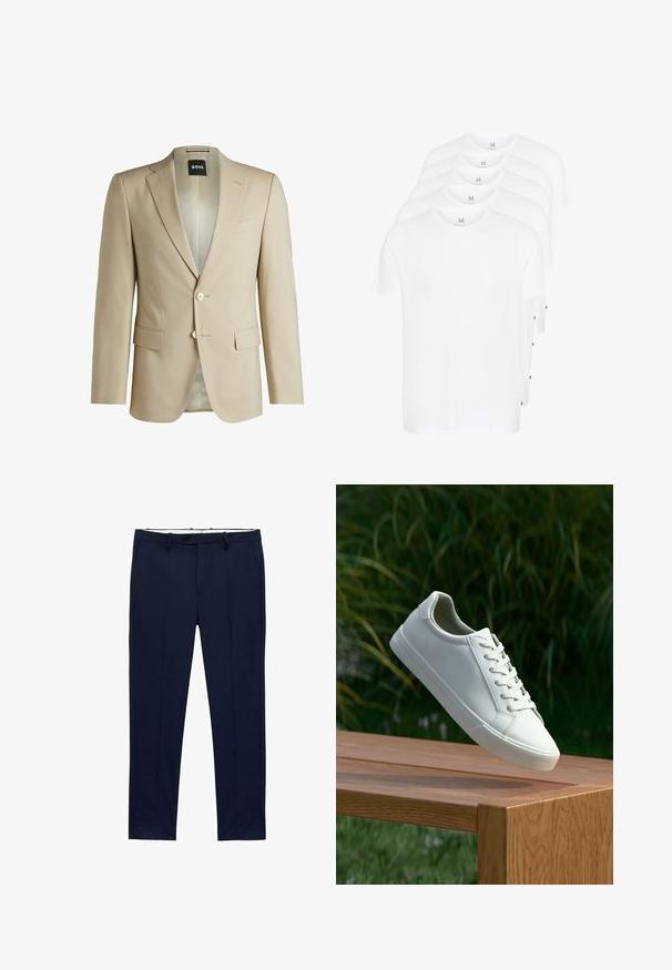 Beige tailored blazer with notch lapels, two front pockets, single-button closure, and a patterned interior lining. Soft-textured fabric.; White short-sleeve t-shirts stacked, made of cotton. Features a round neck and a straight cut. Fabric appears smooth with no patterns.; Navy blue trousers with a slim fit and pinstripe pattern. Features a zipper fly, belt loops, and front pockets. Smooth fabric texture.; White lace-up sneaker hovering above wooden bench with green foliage in the background, showcasing shoe design and texture.