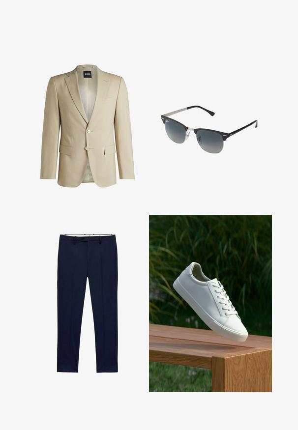 Beżowa marynarka o klasycznym kroju z klapami, dwoma przednimi kieszeniami, zapięciem na jeden guzik oraz wzorzystą podszewką. Miękka tekstura tkaniny.; Białe koszulki z krótkim rękawem ułożone w stos, wykonane z bawełny. Posiadają okrągły dekolt i prosty krój. Materiał wydaje się gładki, bez wzorów.; Granatowe spodnie o dopasowanym kroju z prążkowanym wzorem. Posiadają zamek błyskawiczny, szlufki na pasek oraz kieszenie z przodu. Gładka faktura materiału.; Białe sneakersy sznurowane unoszące się nad drewnianą ławką z zielonymi liśćmi w tle, ukazujące wzór i teksturę buta.; Czarno-srebrne okulary przeciwsłoneczne w kształcie kociego oka, z gradientowymi soczewkami i metalowymi akcentami na oprawie. Plastikowe ramiona z szarymi końcówkami.