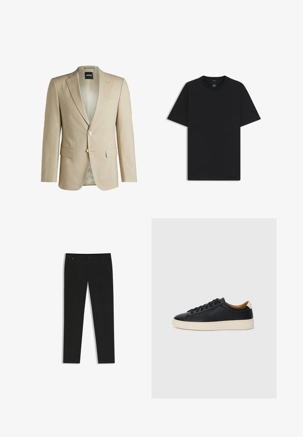 Vaaleanbeige räätälöity bleiseri, jossa on käänteet, kaksi etutaskua, yhdellä nappikiinnityksellä ja kuviollinen sisävuori. Pehmeä tekstuuri.; Musta lyhythiha T-paita, joka on valmistettu sileästä puuvillasekoitteesta. Paita on varustettu pyöreällä pääntiehen ja siinä on minimaalinen muotoilu ilman kuvioita tai yksityiskohtia.; Mustat housut, jotka on valmistettu sileästä kankaasta, suoralla lahkeella, sivutaskuilla, etupainikkeella ja hienovaraisella brändäysyksityiskohdalla.; Mustat nahkasneakerit, joissa on sileä pinta, beige kumipohja, nauhakiinnitys ja erottuva kanta-aksentti.