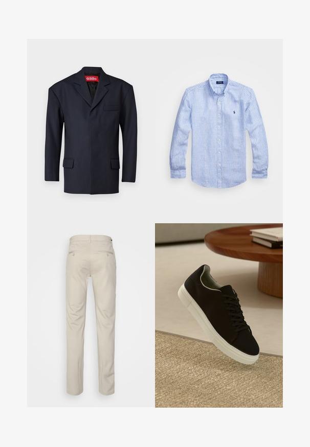 Tummansininen blazer, joka on valmistettu sileästä kankaasta. Siinä on yksi tasku vasemmassa rintataskussa, kaksi etutaskua ja hienovarainen kaulussuunnittelu.; Sininen ja valkoinen raidoitettu pitkähihaisen paita, joka on valmistettu puuvillasta. Paidassa on napillinen kaulus, etunapit ja pieni kirjailtu logo rinnassa.; Beige housut, joissa on sileä pinta, suora leikkaus, kaksi nappikiinnitteistä takataskua ja normaali vyötärö.; Musta lenkkari, jossa on valkoinen pohja, kelluu vaaleanbeige texturoituneen maton yllä pyöreän puupöydän vieressä, jonka päällä on pinottu kirjoja.